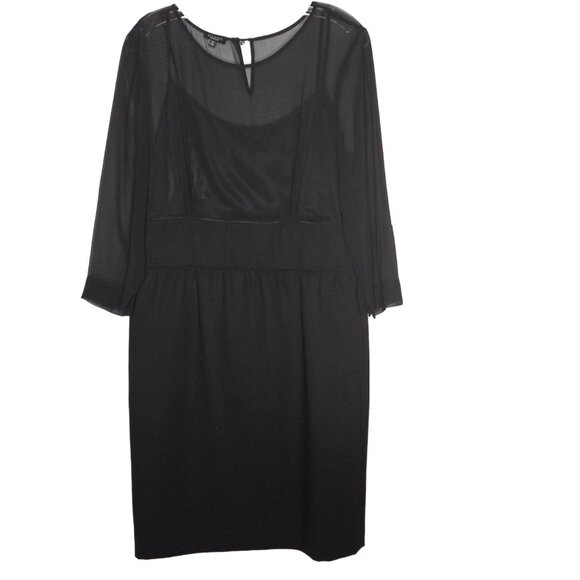 Talbots Womens Size 12 Black Sheath Midi Dress Sheer Sleeves Wool Blend Formal - Picture 2 of 8